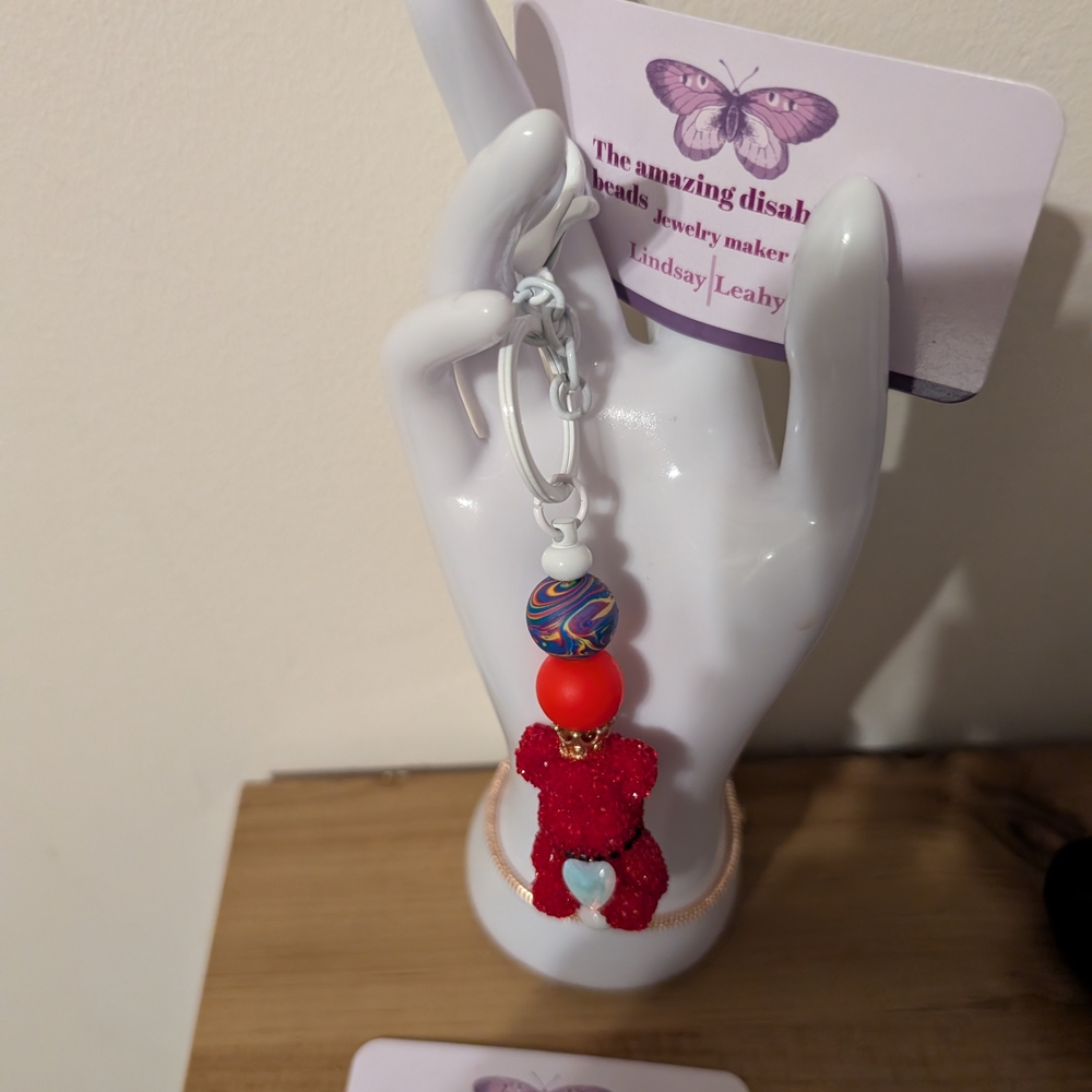Red Beaded Bear Keychain